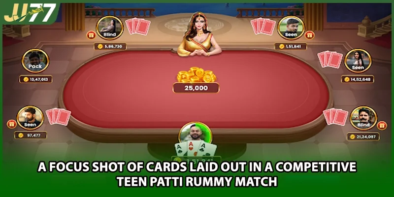 A focus shot of cards laid out in a competitive teen patti rummy match