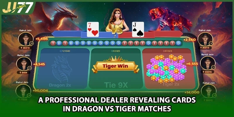 A professional dealer revealing cards in dragon vs tiger matches