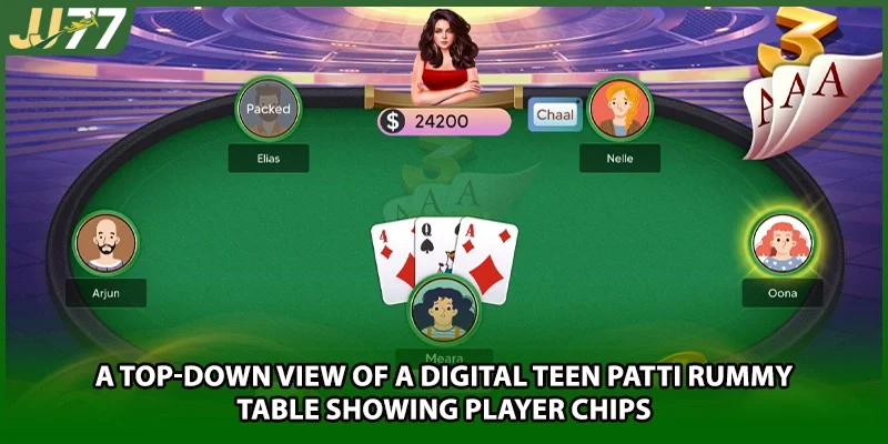 A top-down view of a digital teen patti rummy table showing player chips