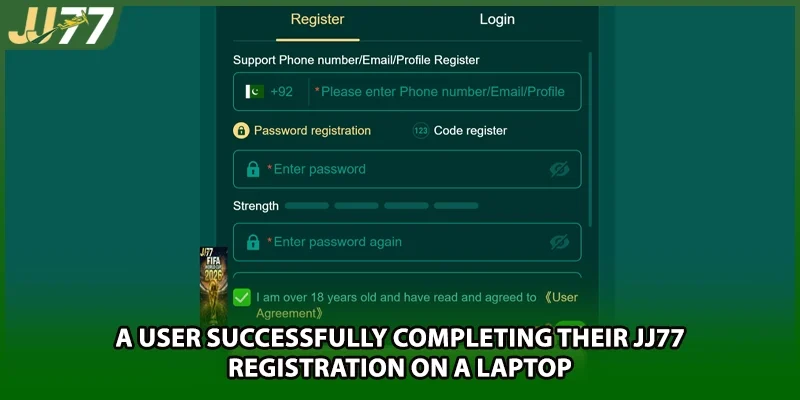 A user successfully completing their JJ77 registration on a laptop