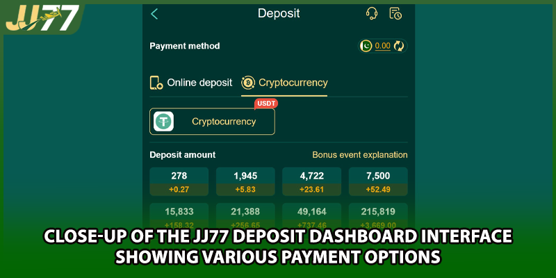 Close-up of the JJ77 deposit dashboard interface showing various payment options