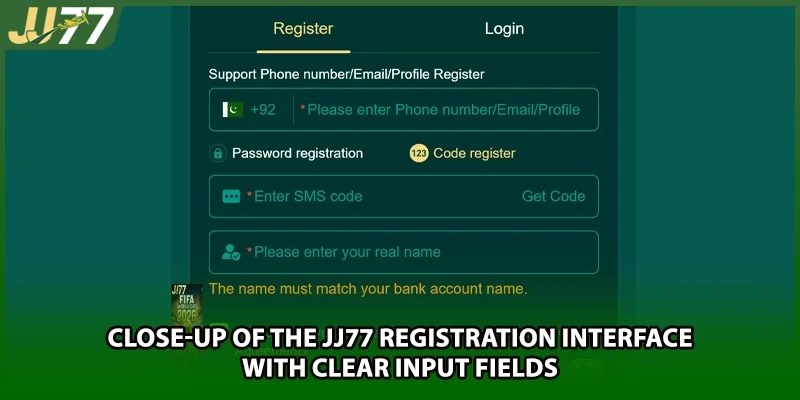 Close-up of the JJ77 registration interface with clear input fields